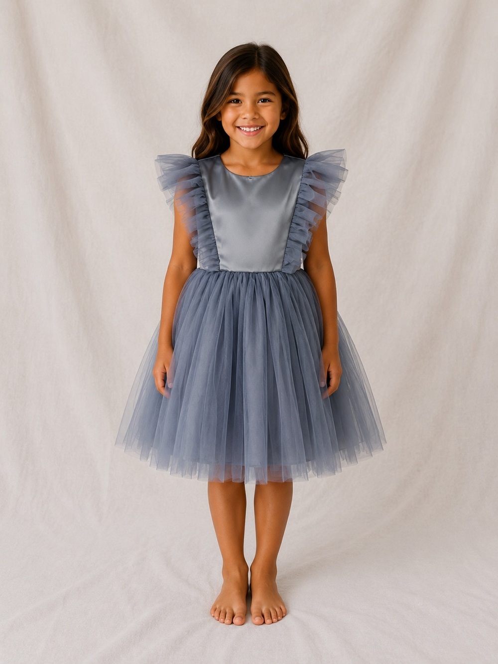 Girls Light Gray Tulle Ruffle Shoulder Party Dress